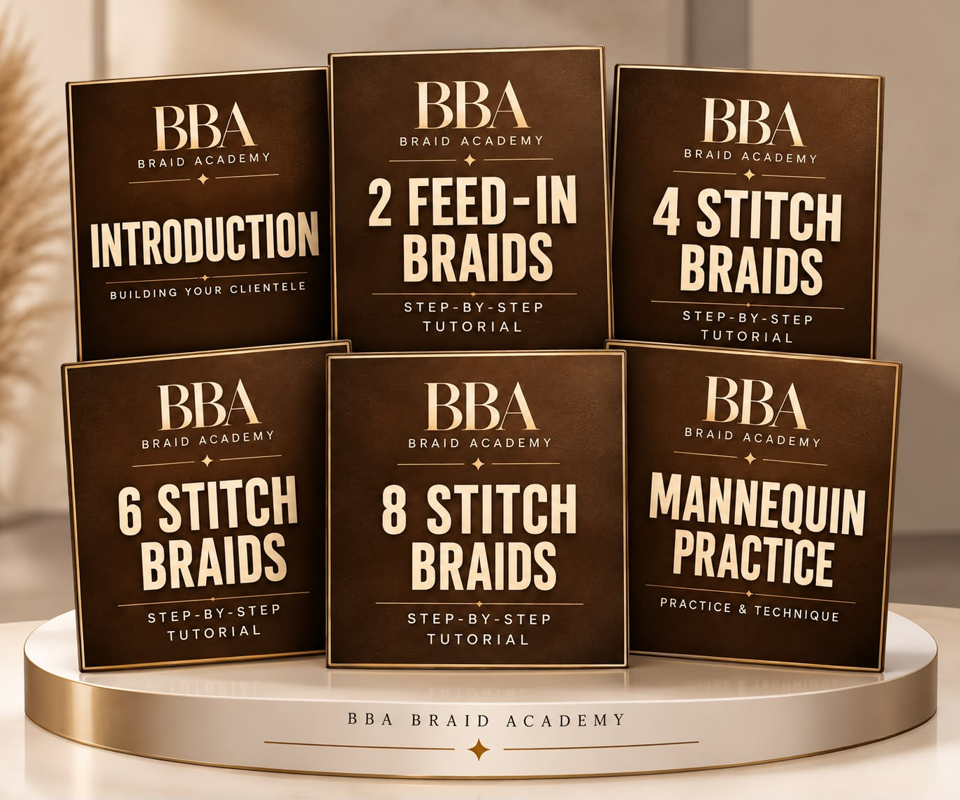 BBA course collection showing the six Stitch Braid Masterclass modules on a cream and gold pedestal