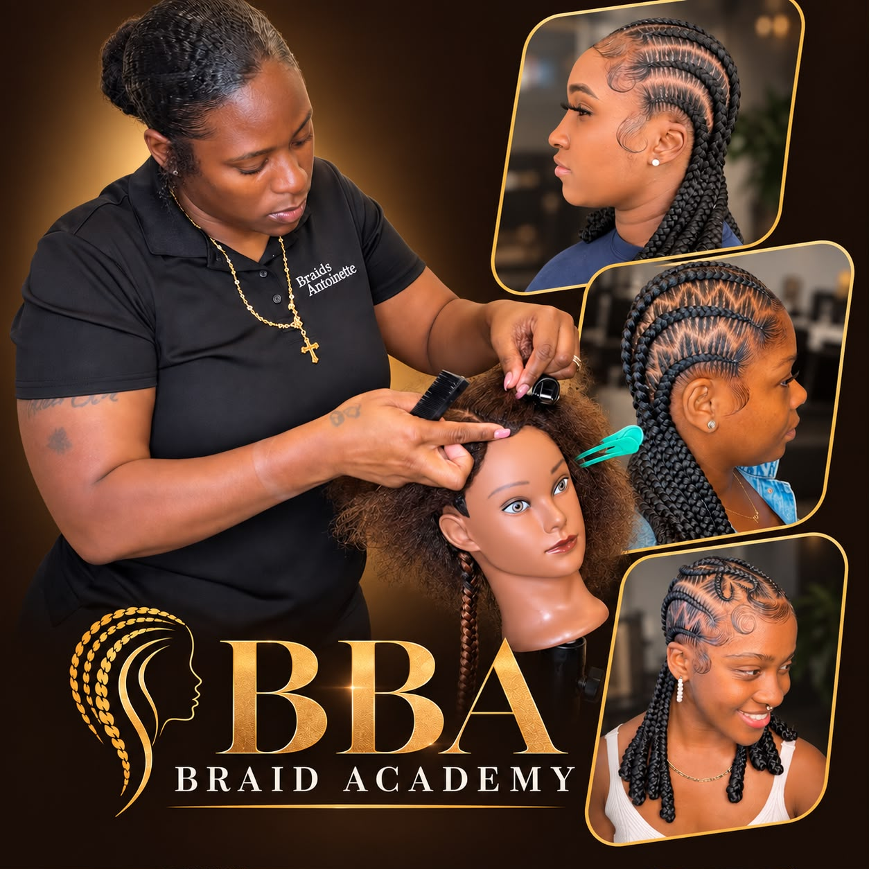 Antoinette Bass teaching on a mannequin alongside three examples of her finished stitch braid work